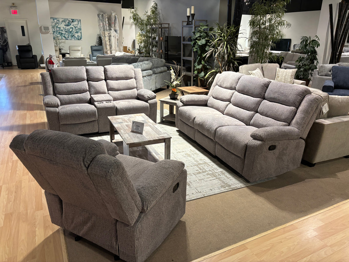 Model 99072BRG grey fabric recliner set with reclining sofa, loveseat, and chair