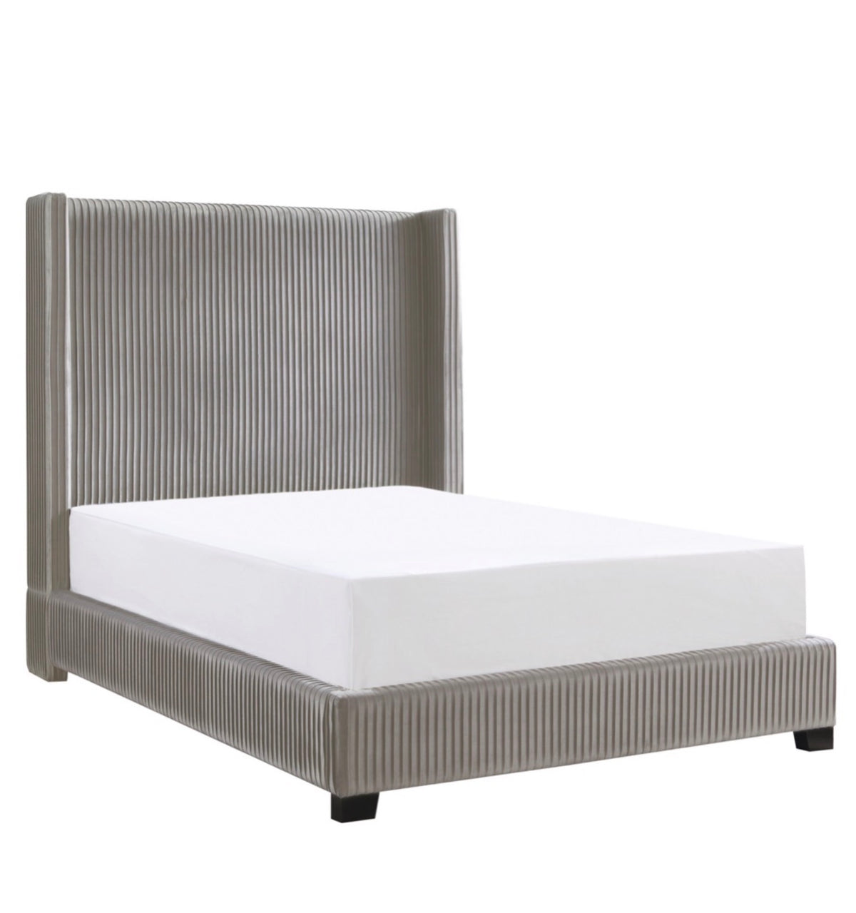Model 1547 grey upholstered bed with tall channel-tufted wingback headboard and matching side rails