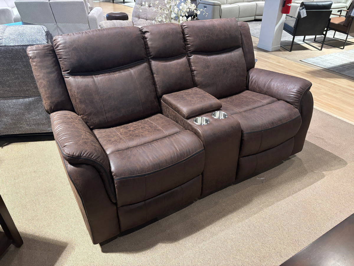 Model 99902BRW brown reclining loveseat with center console and cup holders