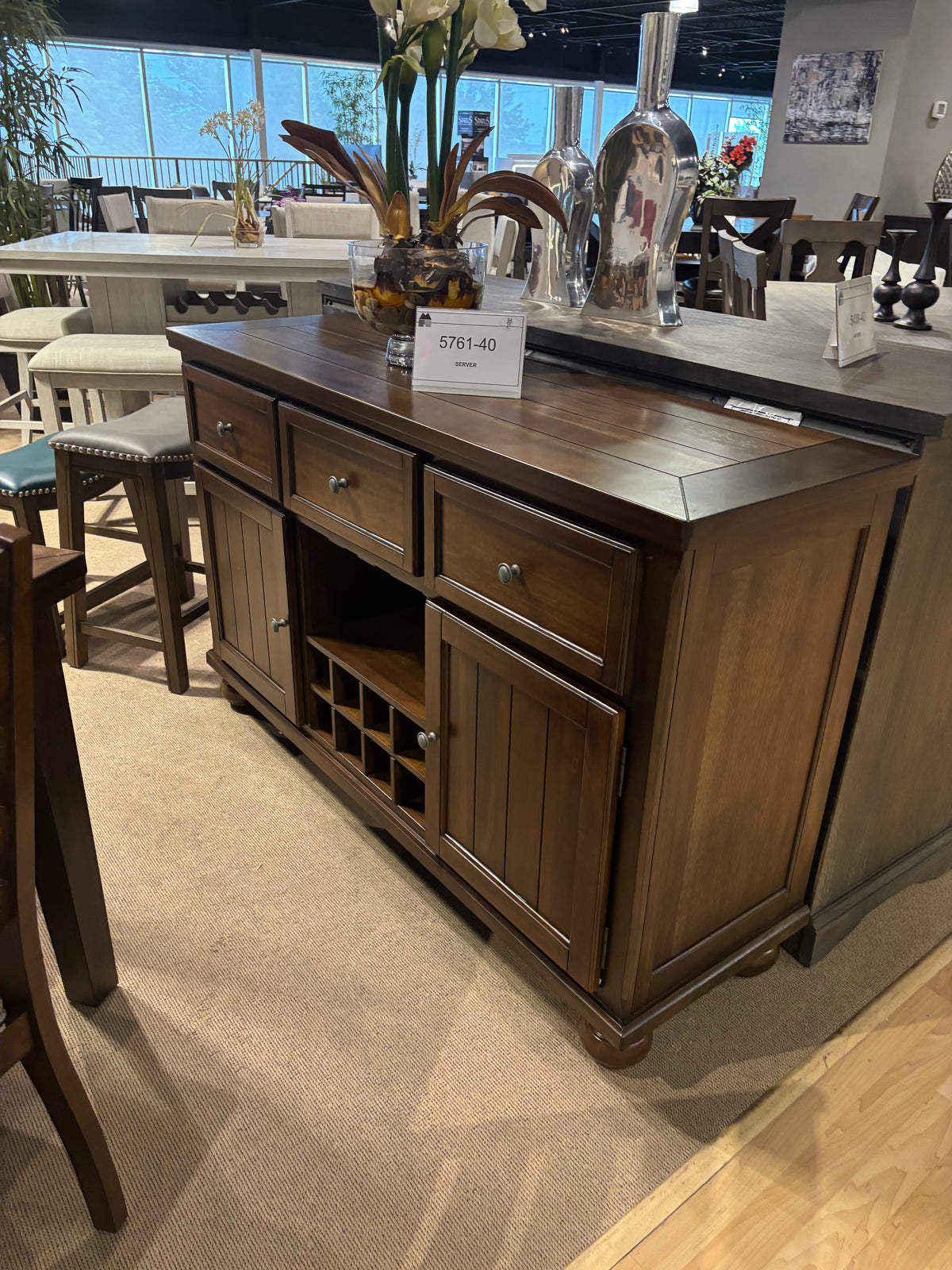 Model 5761 dining set and matching server in a warm dark wood finish
