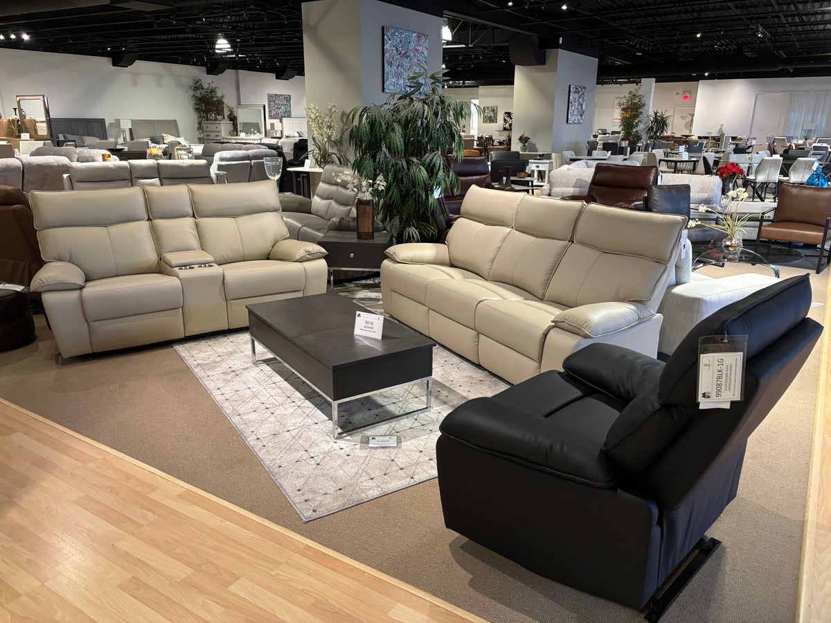 Model 99087 leather recliner set with beige sofa and black recliner chair
