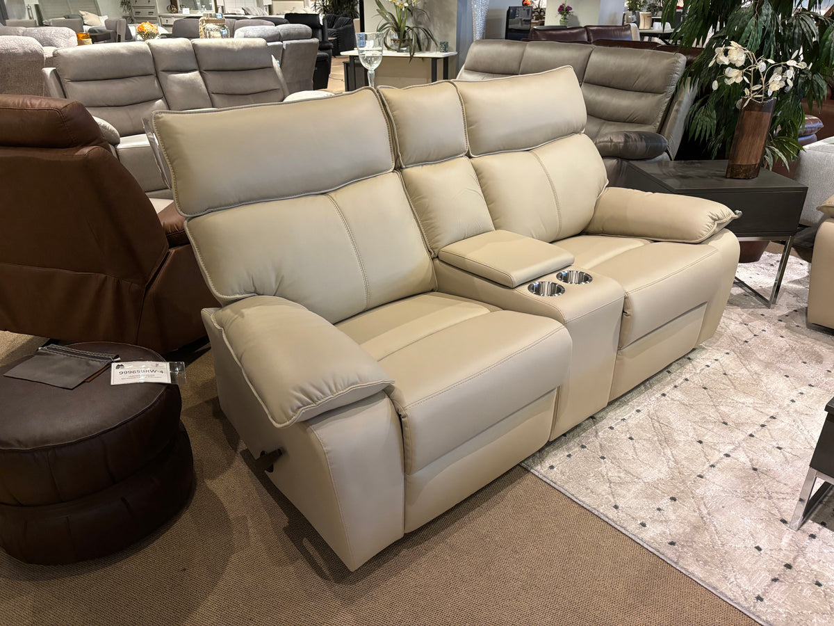 Model 99087 beige leather reclining loveseat with center console