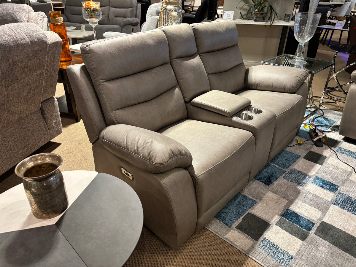 Model 99090 grey fabric power reclining loveseat with cup holders