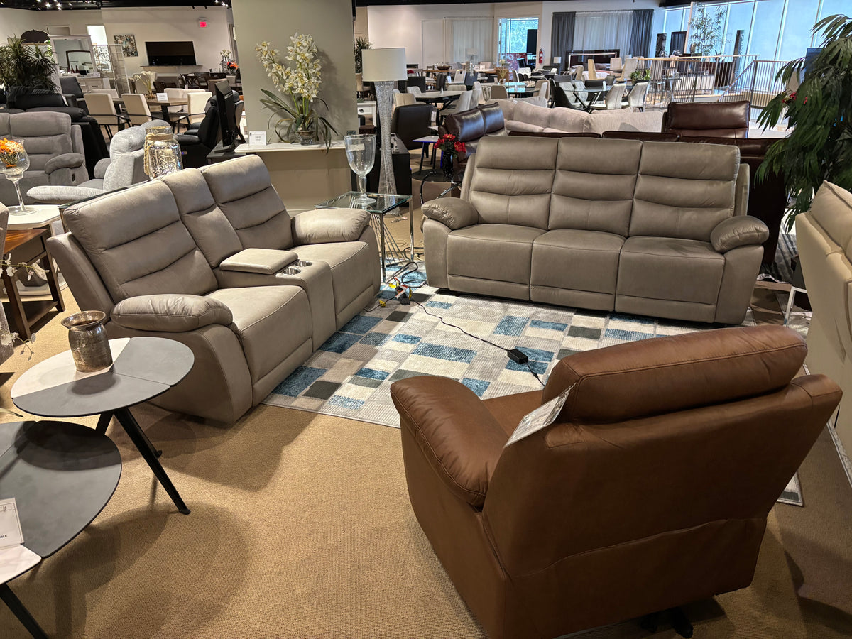 Model 99090 grey fabric power recliner set with sofa and loveseat