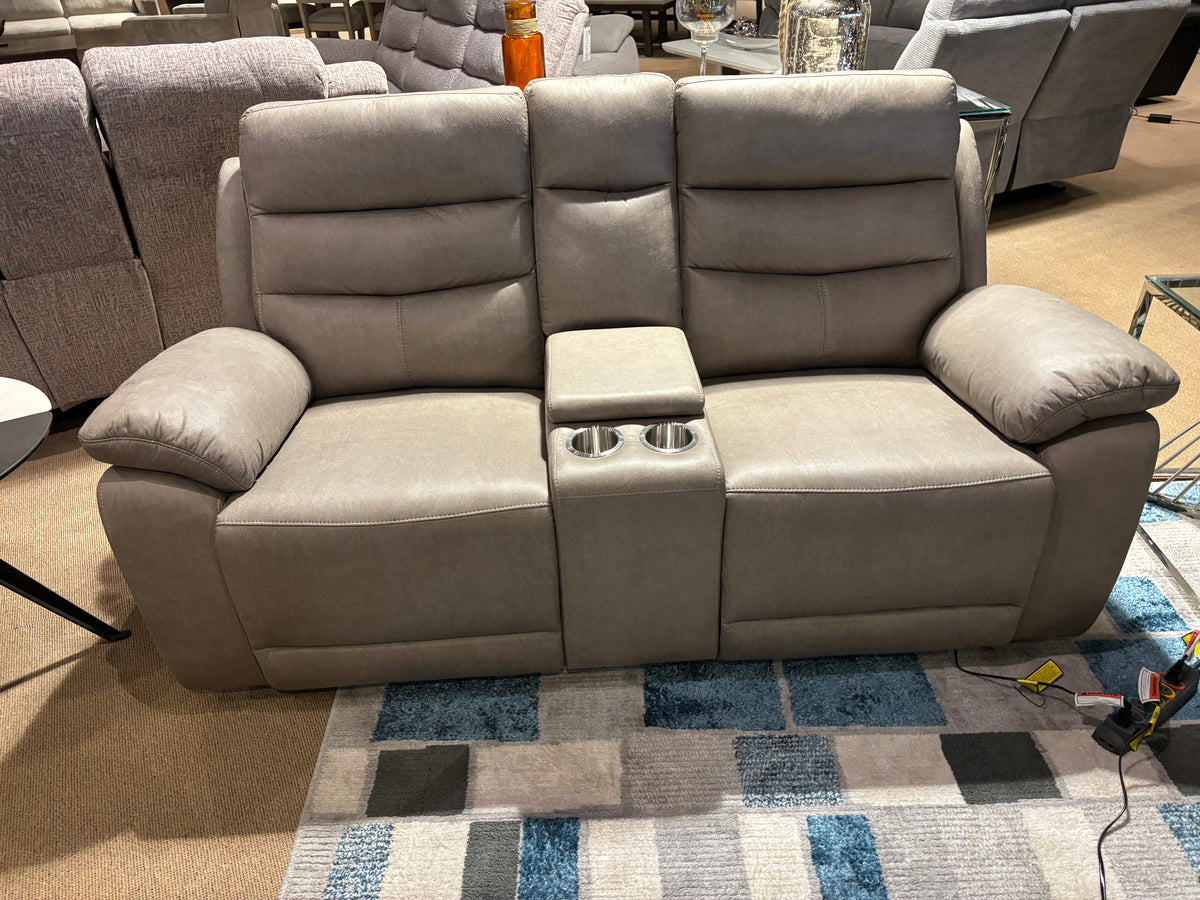 Model 99090 grey fabric power reclining loveseat with center console