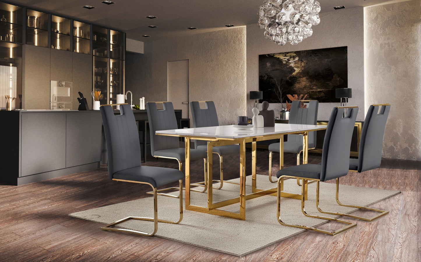 Marble Top Dining Set 7 pc  golden legs Model 7451  Two colors Chairs option Toronto Stocks
