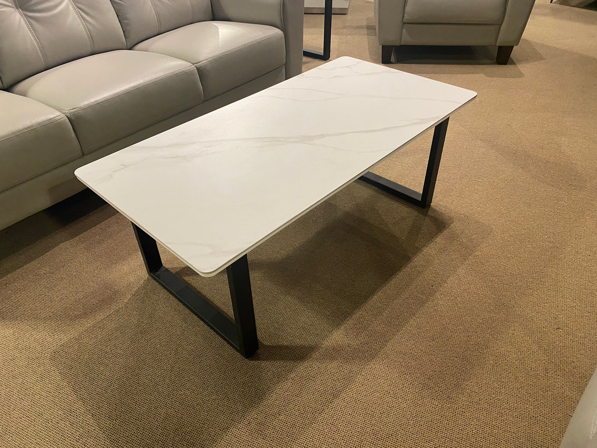 Model 5915 white marble-look coffee table with black base