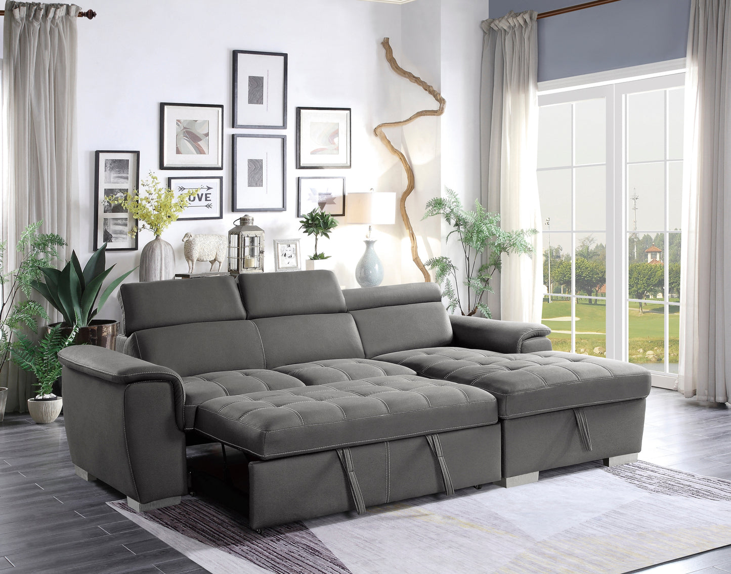 Sectional with Adjustable Headrests, Pull-out Bed and Right Chaise with Hidden Storage model 8228GY Toronto Stocks