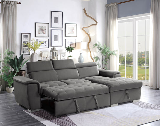 Sectional with Adjustable Headrests, Pull-out Bed and Right Chaise with Hidden Storage model 8228GY Toronto Stocks