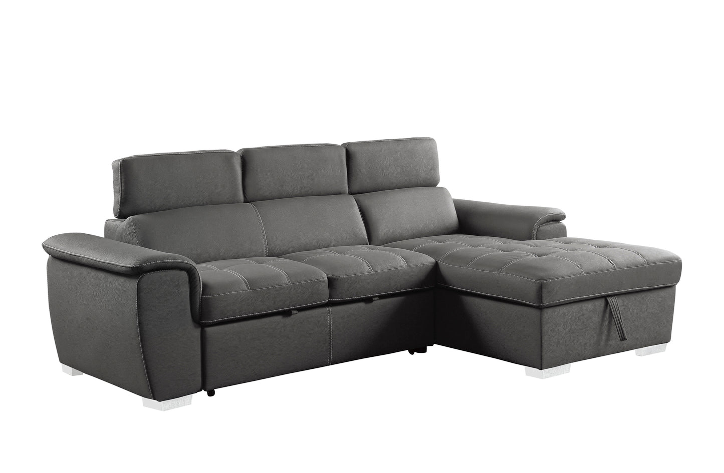 Sectional with Adjustable Headrests, Pull-out Bed and Right Chaise with Hidden Storage model 8228GY Toronto Stocks