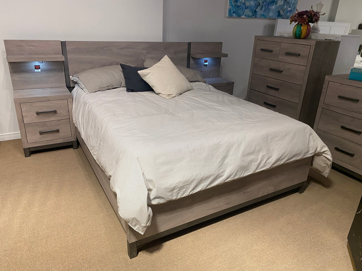 Model 1577 grey bedroom set with platform bed, integrated headboard shelves, touch lights, nightstands, and chest