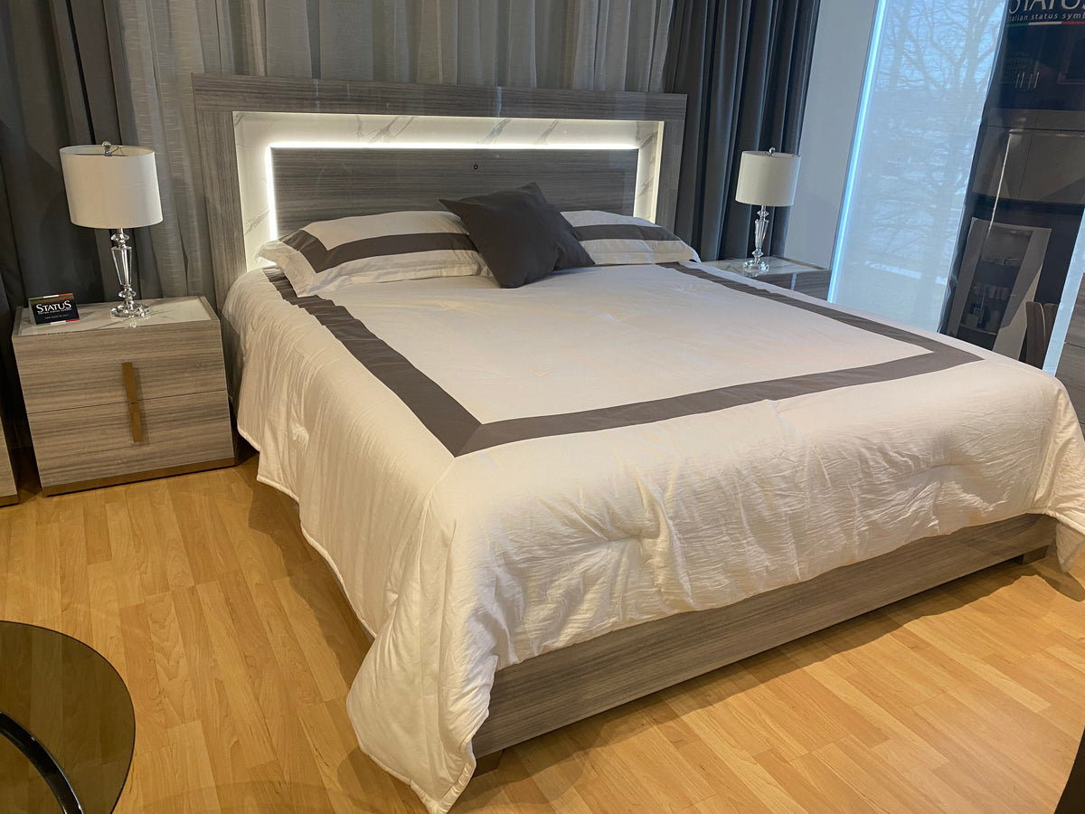 Model Carrara Italian bedroom set with LED-lit headboard and nightstands