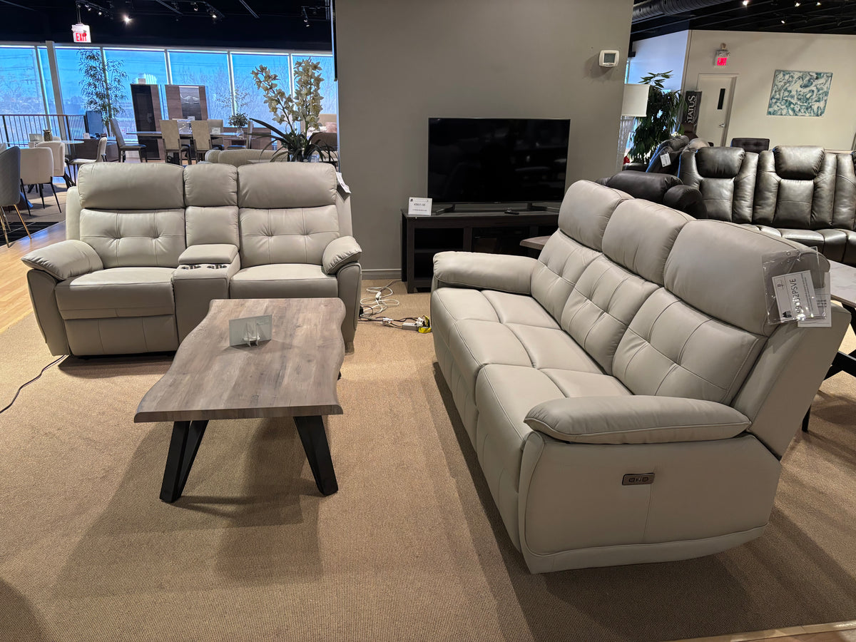 Model 99032P light leather power recliner loveseat with center console and cupholders