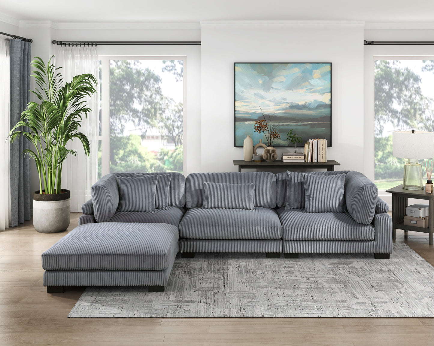 Modular Corduroy fabric Sectional Sofa Model 8555GY 2CR+1AC+ Ottoman Toronto Stocks
