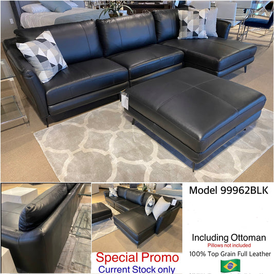 Clearence Model 99962BLKSS Full Leather Made in Brazil Sectional Sofa with Ottoman