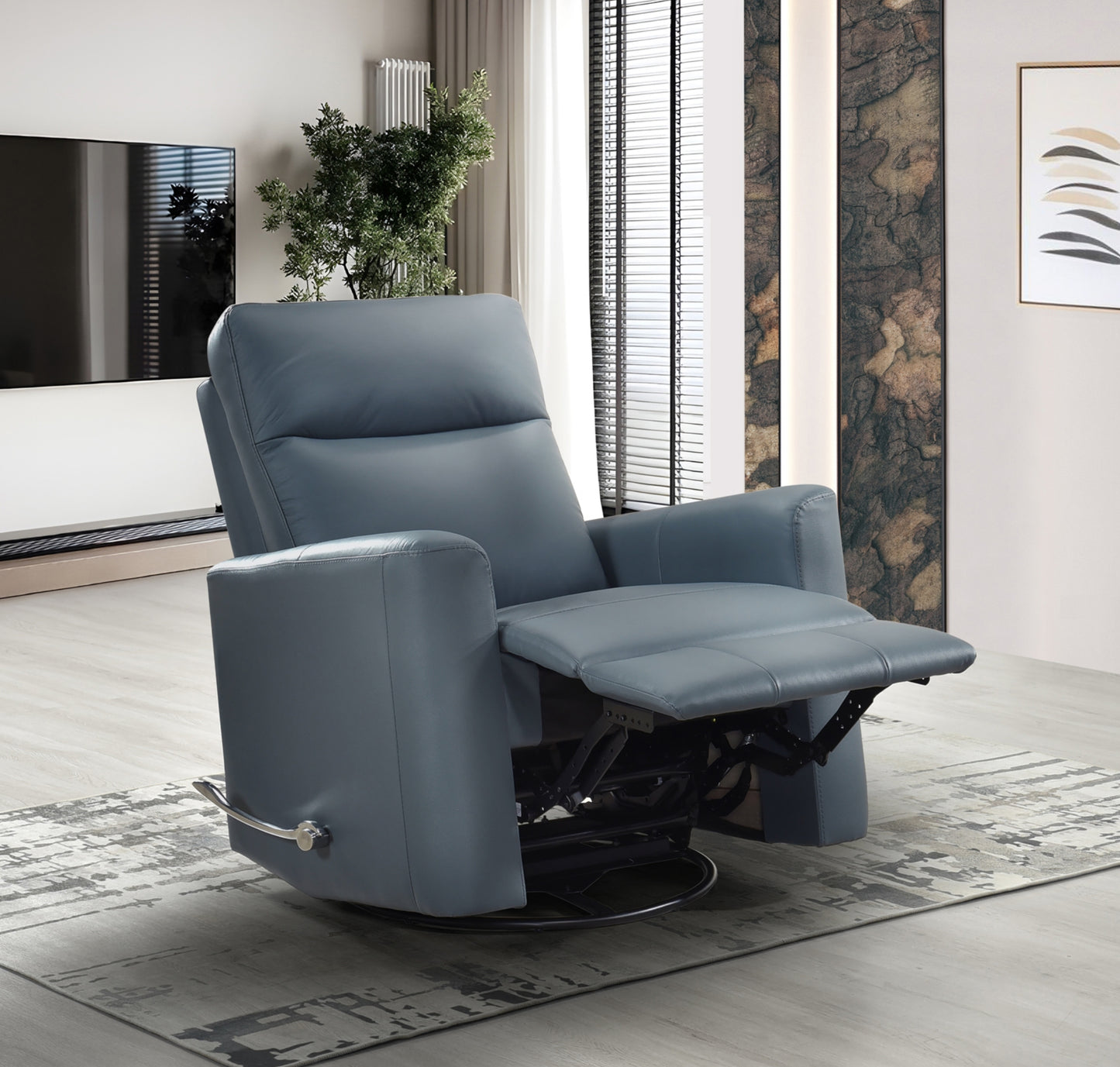 Model 9658BUE-1G Swivel Glider Recliner, Blue Leather . Toronto Stocks