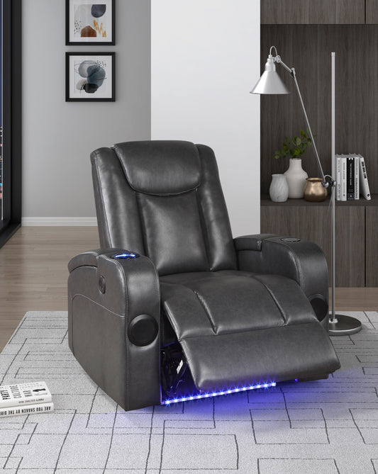Model 98522GRY-1PW Power Reclining Chair with Wireless Charger, Cooling Cup-Holder, Storage Arms, Speakers, LED Light & USB Port. Toronto Stocks