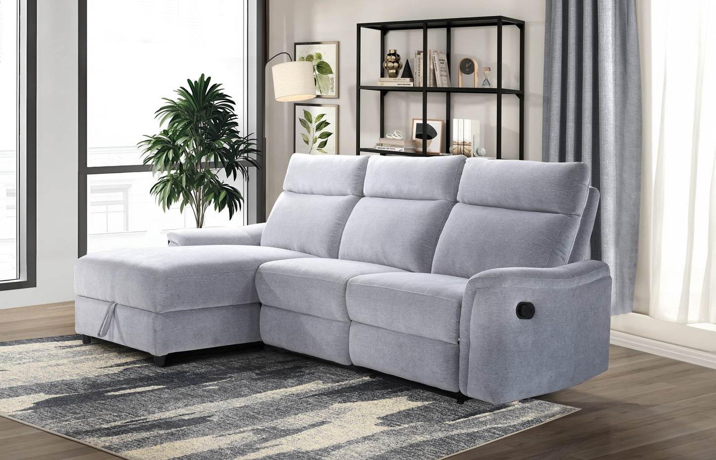 Model 99027GYSSL Sectional with Left Side Facing Storage Chaise & Right Side Recliner, Grey Chenille Fabric.  Toronto Stocks