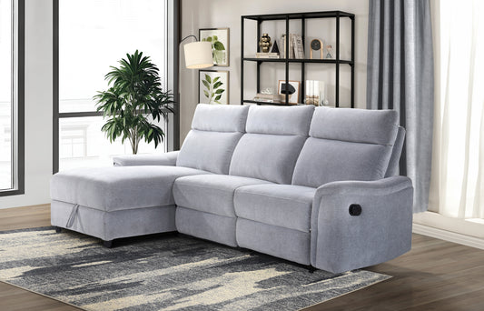 Model 99027GYSSL Sectional with Left Side Facing Storage Chaise & Right Side Recliner, Grey Chenille Fabric.  Toronto Stocks