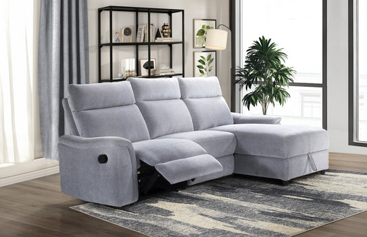 Model 99027GYSSR  Sectional with Right Side Facing Storage Chaise & Right Side Recliner, Grey Chenille Fabric.  Toronto Stocks