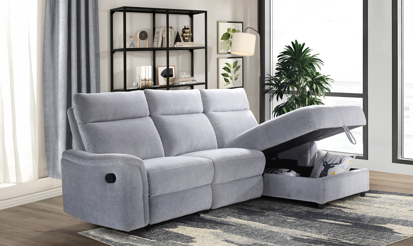 Model 99027GYSSR  Sectional with Right Side Facing Storage Chaise & Right Side Recliner, Grey Chenille Fabric.  Toronto Stocks