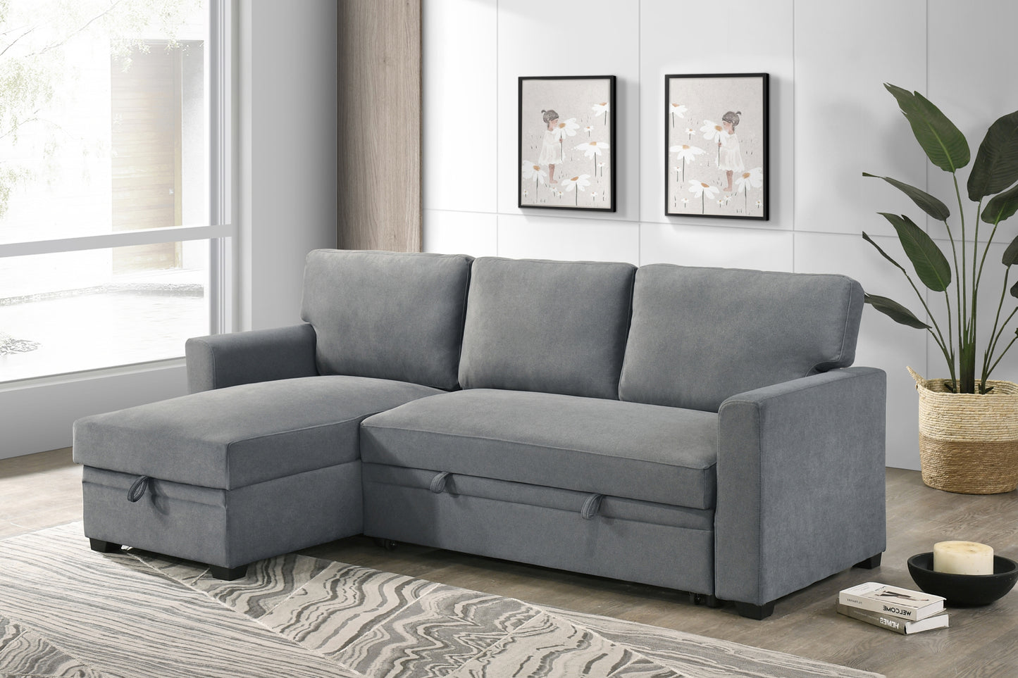 Model 99073GYSS Sectional with Pull-out Sleeper and Reversible Storage Chaise, Grey. Toronto Stocks