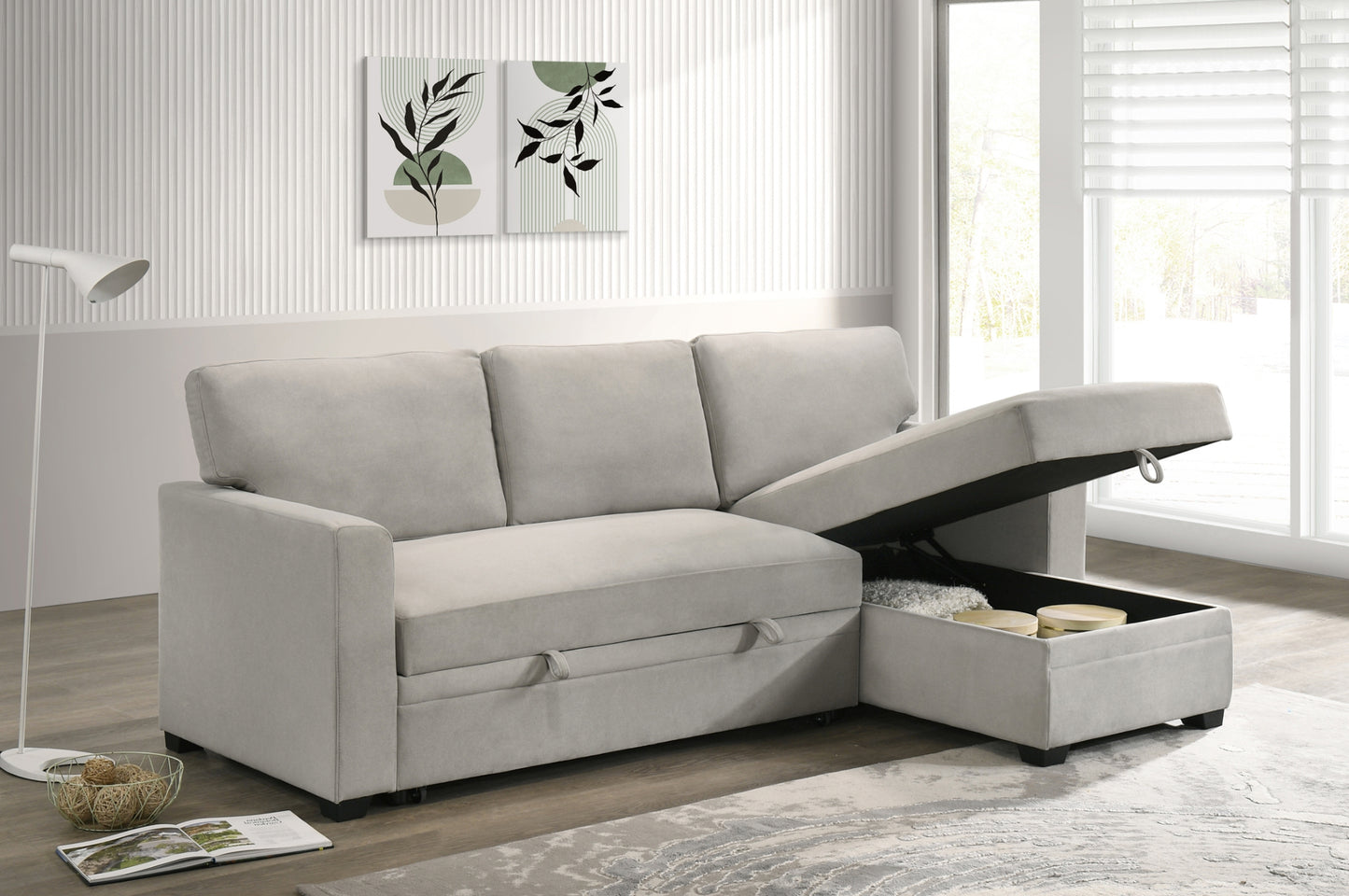 Model 99073BESS Sectional with Pull-out Sleeper and Reversible Storage Chaise, Beige. Toronto Stocks