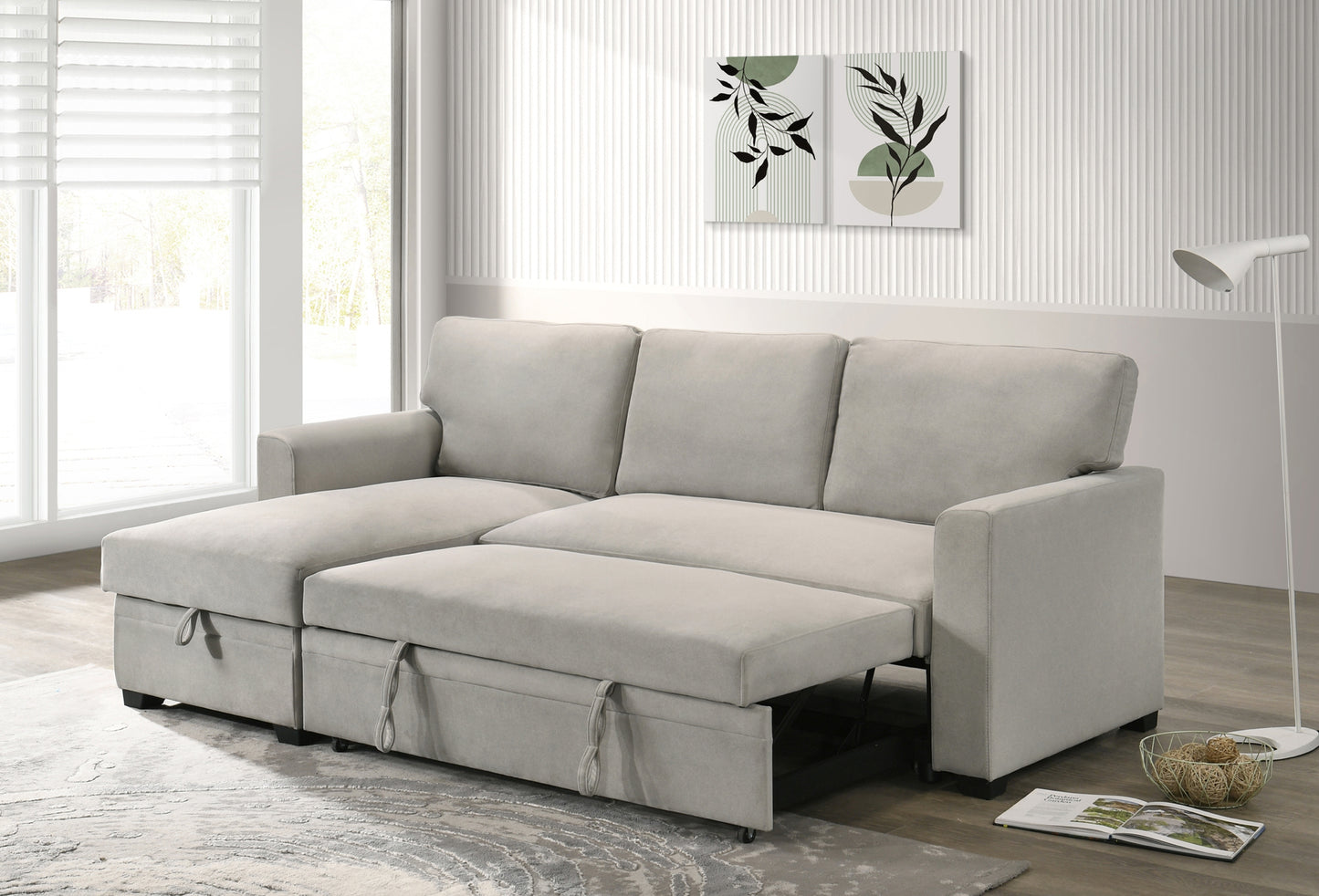 Model 99073BESS Sectional with Pull-out Sleeper and Reversible Storage Chaise, Beige. Toronto Stocks