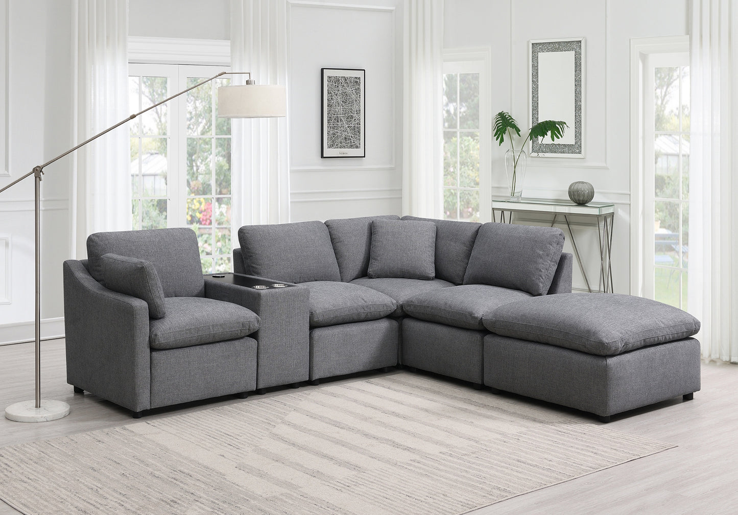 Model 99076GYSSO6L  6-Piece Modular Sectional with Left Side Arm Chair, Console with Wireless Charger, & Left Side Ottoman Chaise . Toronto stocks (Copy)