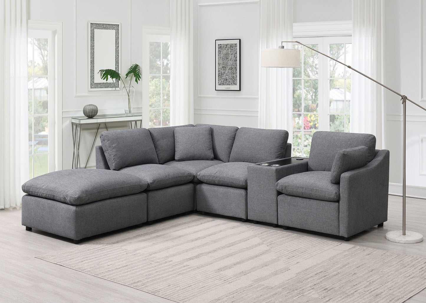 Model 99076GYSSO6R 6-Piece Modular Sectional with Right Side Arm Chair, Console with Wireless Charger, & Left Side Ottoman Chaise . Toronto stocks