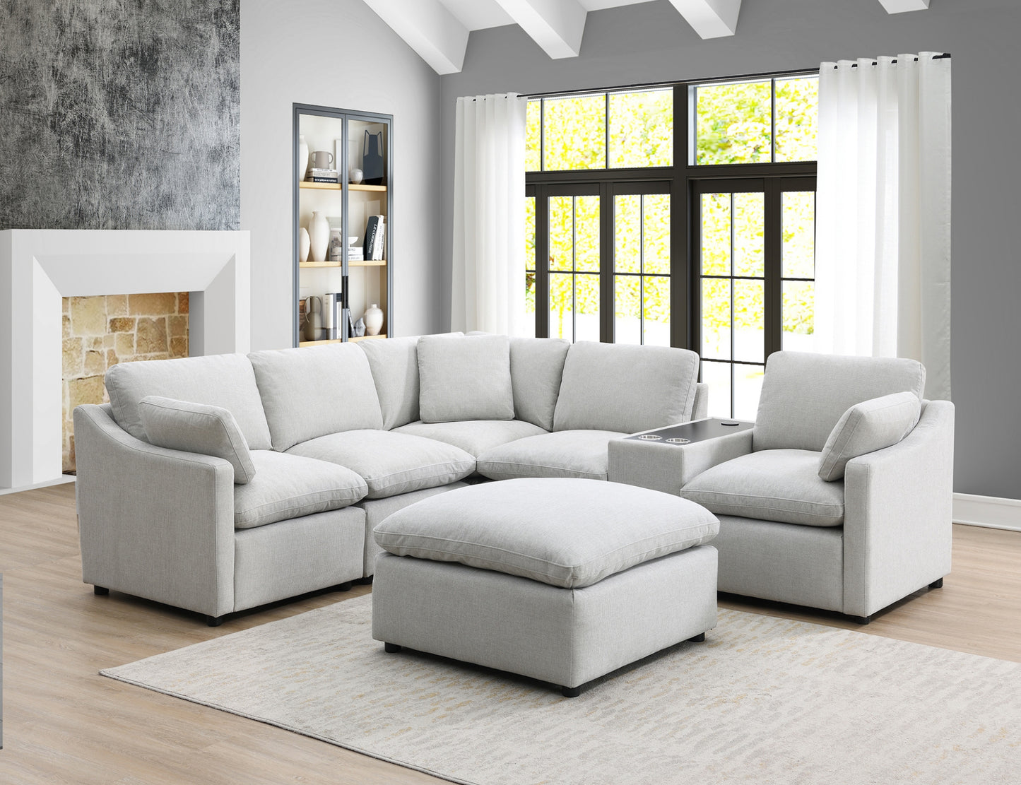 Model 99076LGYSS7 7-Piece Modular Sectional with 3 Pillows, Console with Wireless Charger & Ottoman Chaise. Toronto stocks