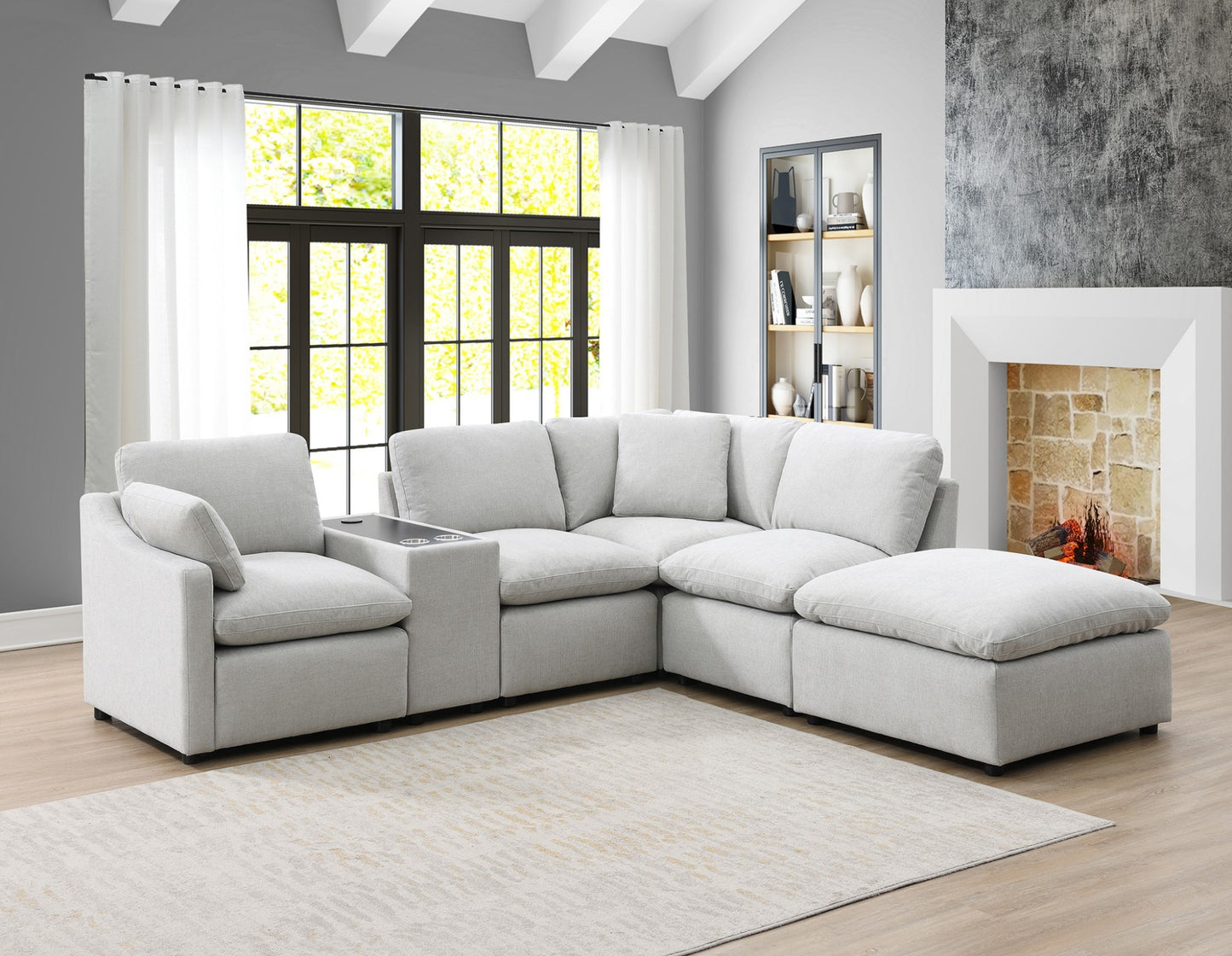 Model 99076LGYSSO6L 6-Piece Modular Sectional with Left Side Arm Chair, Console with Wireless Charger, & Right Side Ottoman Chaise  Toronto stocks