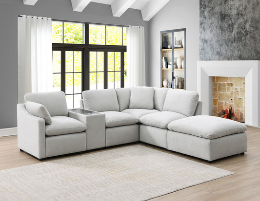 Model 99076LGYSSO6L 6-Piece Modular Sectional with Left Side Arm Chair, Console with Wireless Charger, & Right Side Ottoman Chaise  Toronto stocks