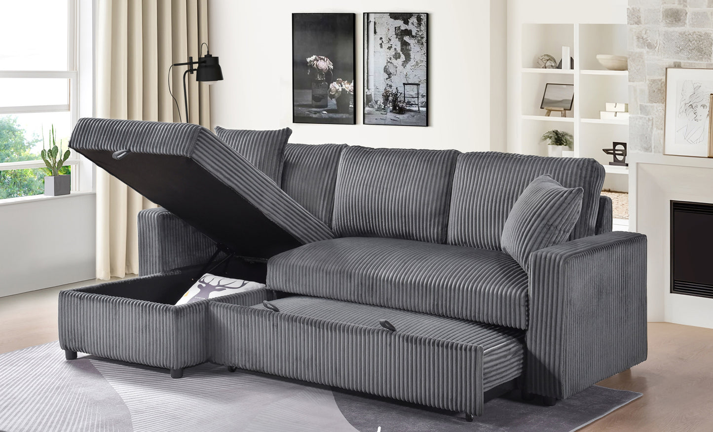 Model 99080DGSS Sectional with Pullout Sleeper, Reversible Storage Chaise, & 2 Pillows, Dark Grey. Toronto Stocks