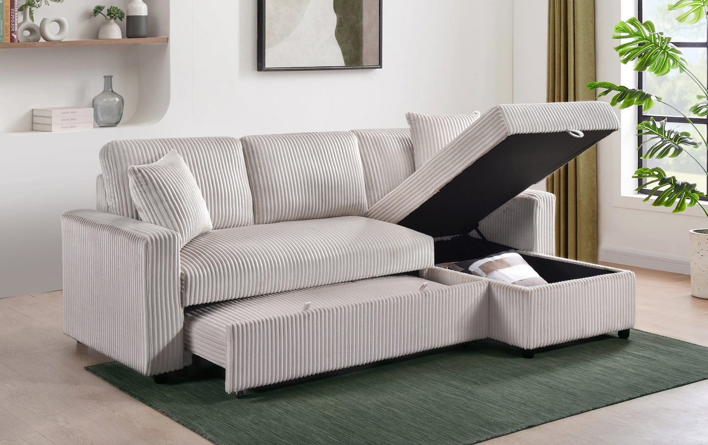 Model 99080BESS Sectional with Pullout Sleeper, Reversible Storage Chaise, & 2 Pillows, Beige . Toronto Stocks