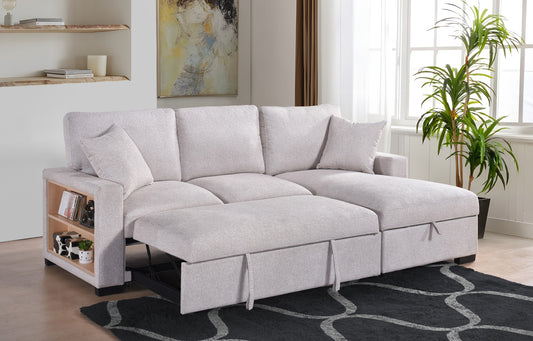 Model 99630BESSR Sectional with Pull-out Sleeper, Drop-Down Table, Bookcase Arms, 2 Pillows, & Right Side Storage Chaise, Beige . Toronto Stocks