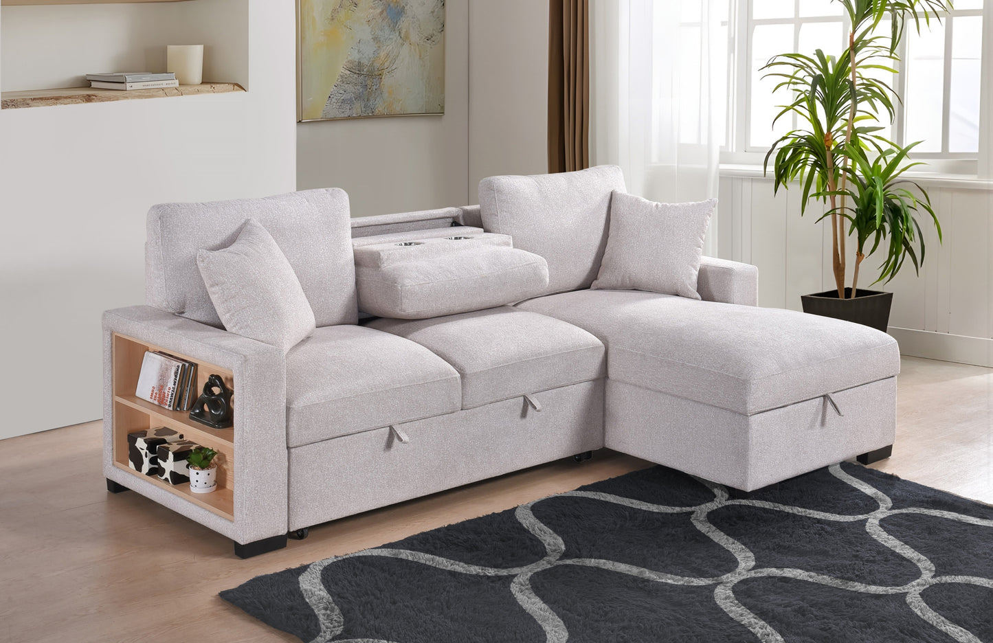 Model 99630BESSR Sectional with Pull-out Sleeper, Drop-Down Table, Bookcase Arms, 2 Pillows, & Right Side Storage Chaise, Beige . Toronto Stocks