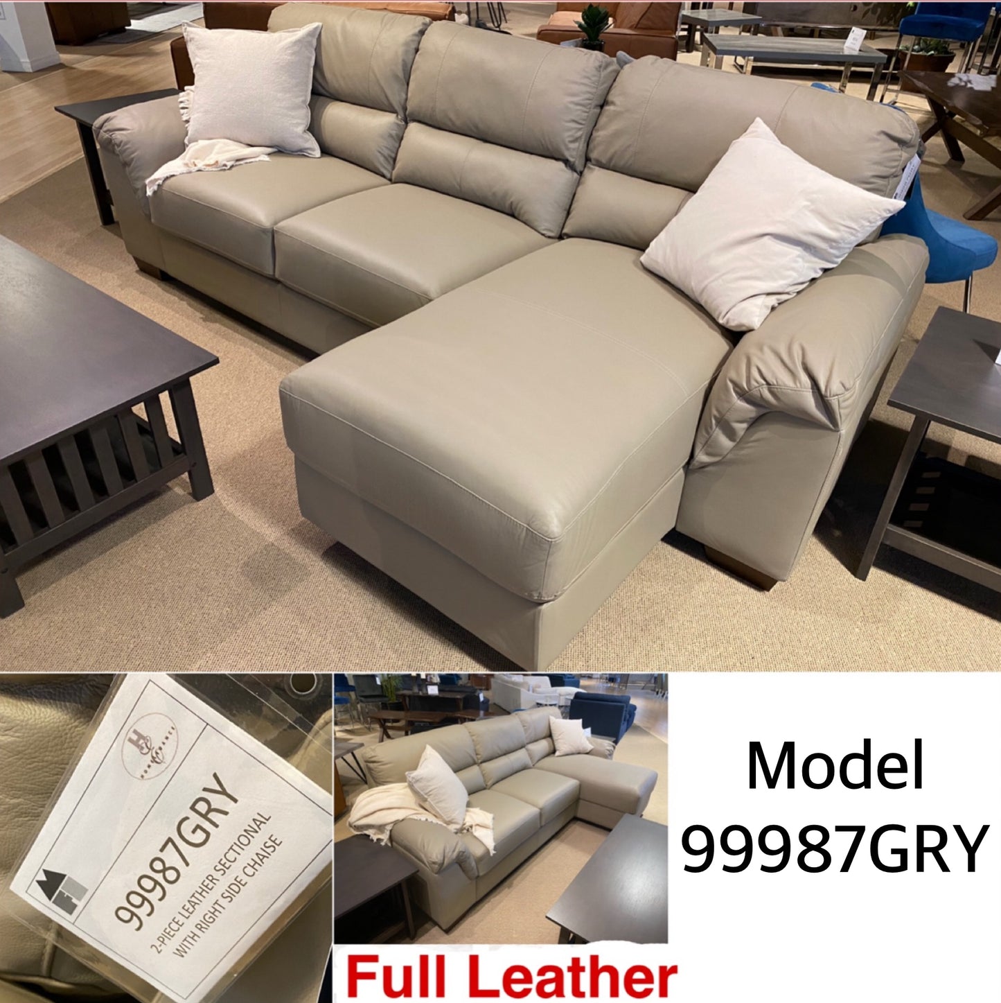 Model 99987GRY Full leather Sectional Sofa . Very Limited Toronto Stocks. Pillows not included
