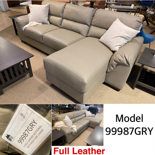 Model 99987GRY Full leather Sectional Sofa . Very Limited Toronto Stocks. Pillows not included