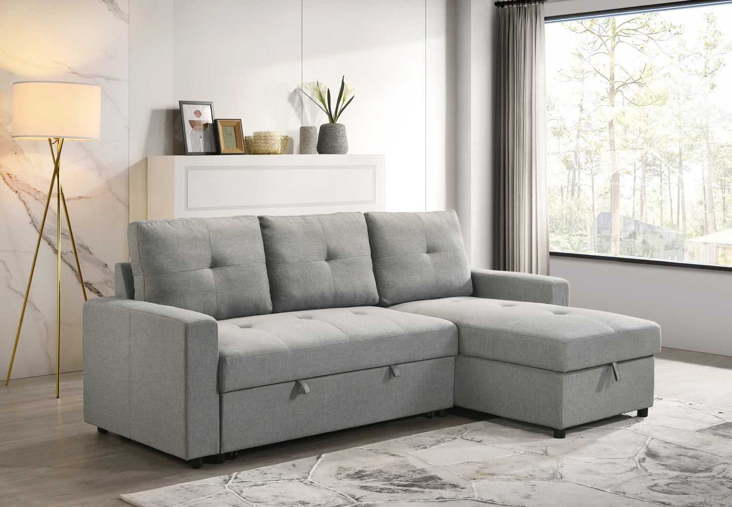 Model 99996GRY Fabric Sectional Pull out Sofa Bed, Reversible, Toronto. stocks