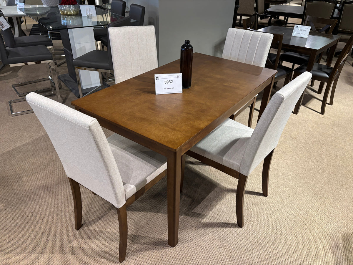 Model 5952 brown dining table with four white upholstered chairs