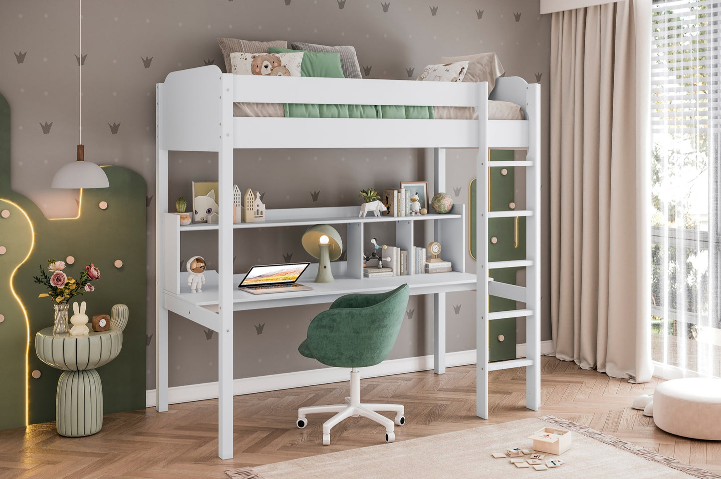 Model B2003TWH Twin Loft Bunk Bed with Desk, White. Toronto stocks