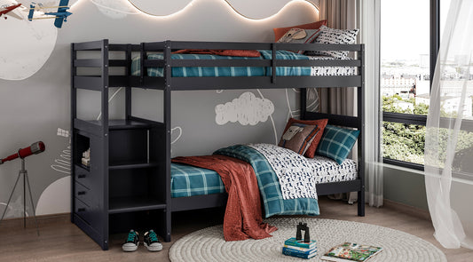 Model B2005TTDGY Twin over Twin Bunk Bed with Steps & Storage, Dark Grey, Toronto Stocks