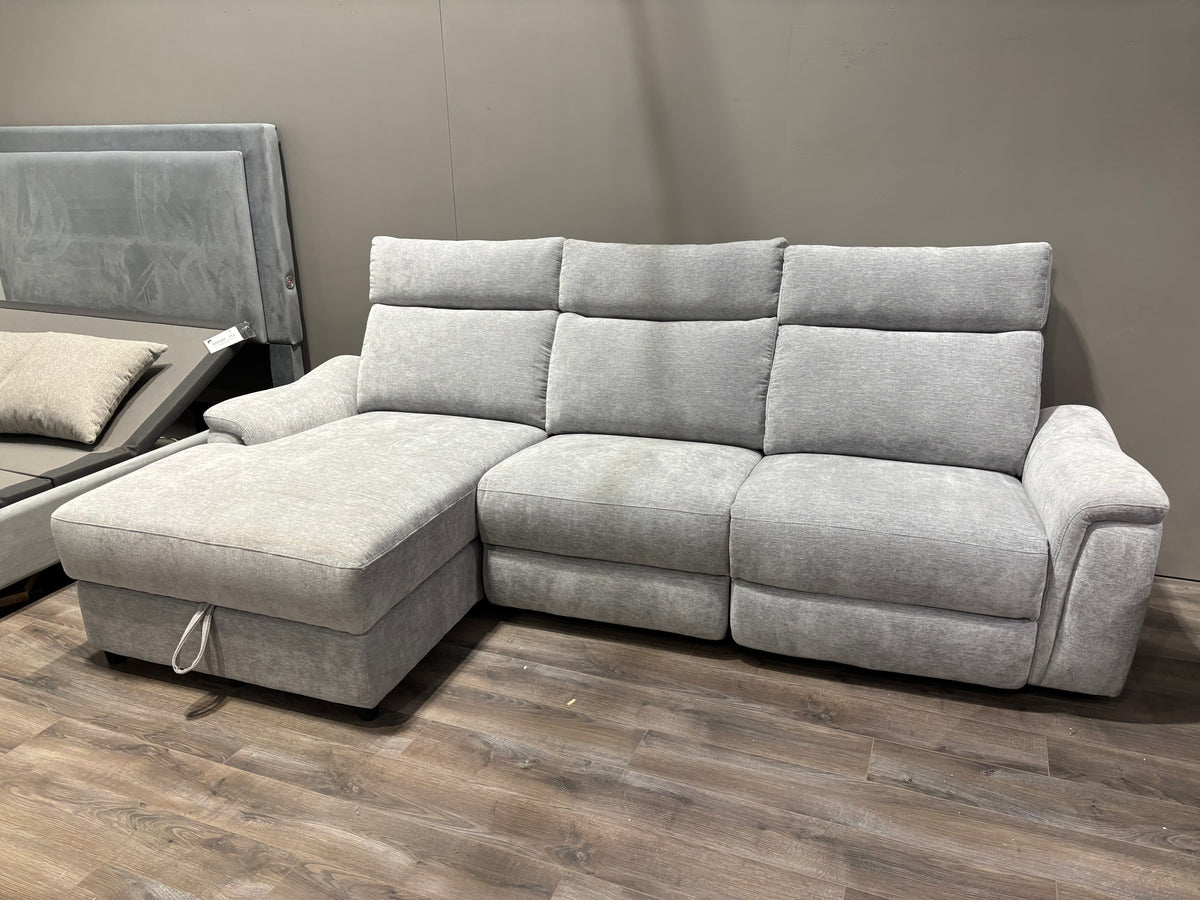 Model 99027GY grey reclining sectional front view with chaise and recliner