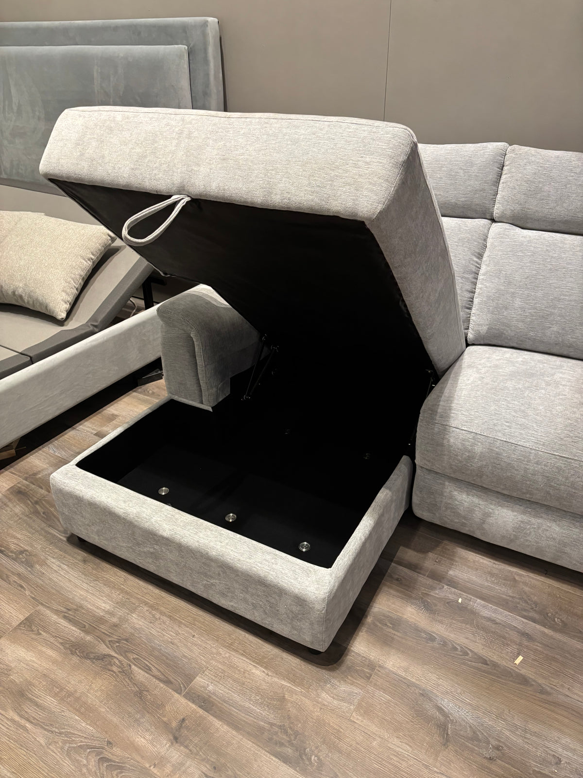 Model 99027GY grey sectional storage chaise opened