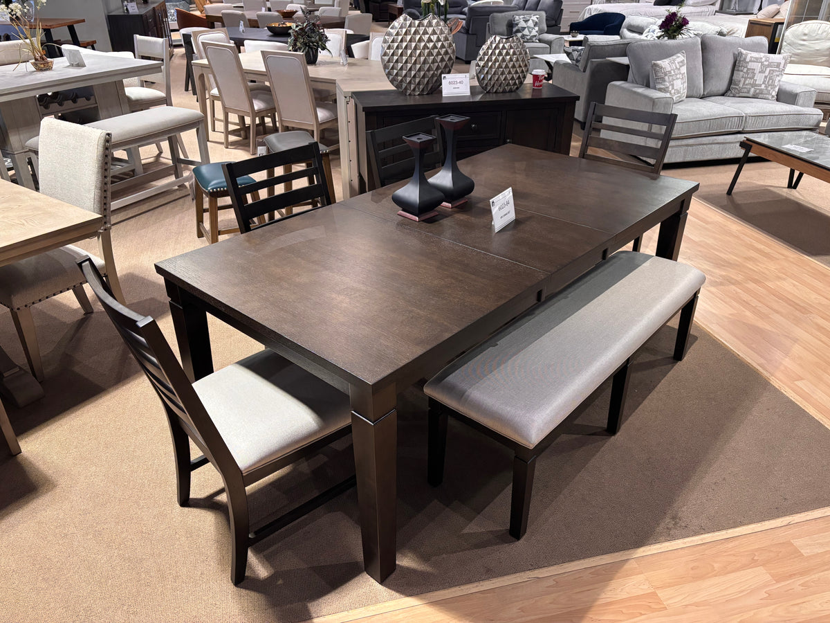 Model 6023 dark wood dining table with chairs and bench