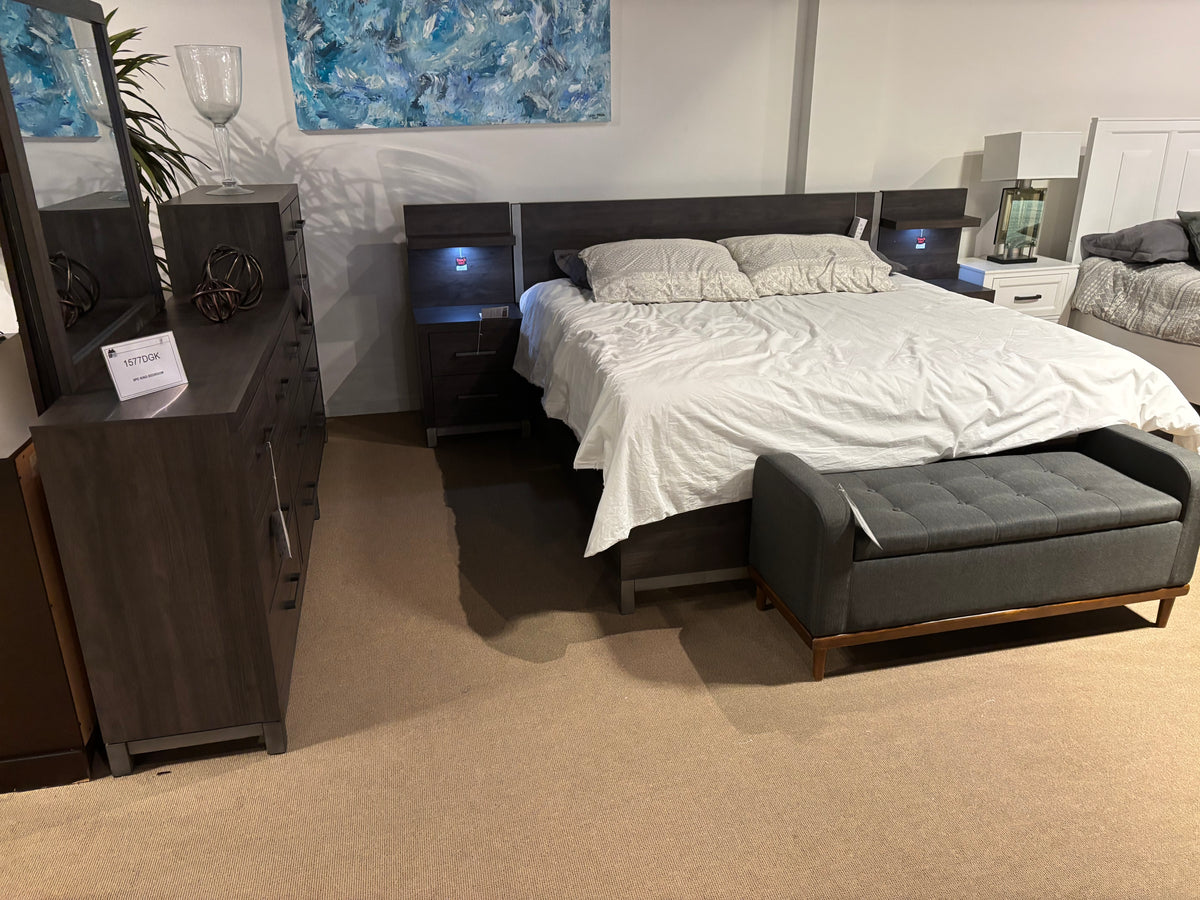 Model 1577DG dark-grey bedroom set with platform bed, touch-light headboard shelves, dresser, mirror, and chest