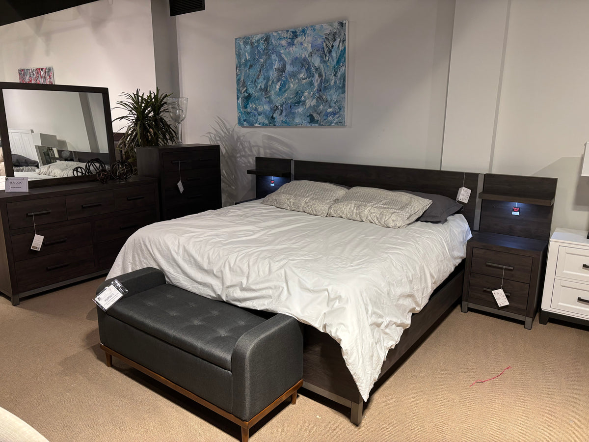 Model 1577DG dark-grey platform bed with integrated headboard shelves, touch lights, and two-drawer nightstand