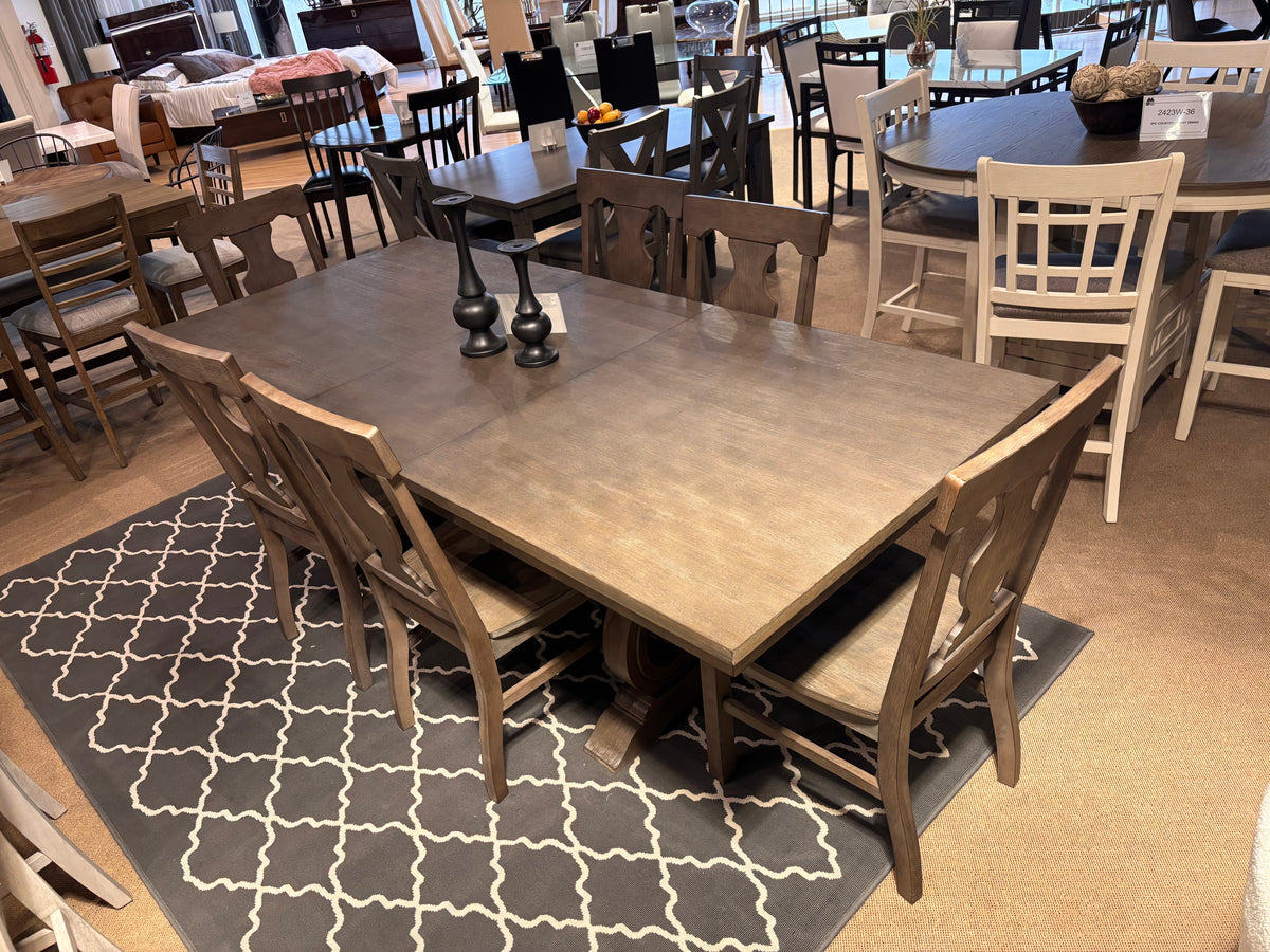 Model 5438 wood dining table with six chairs