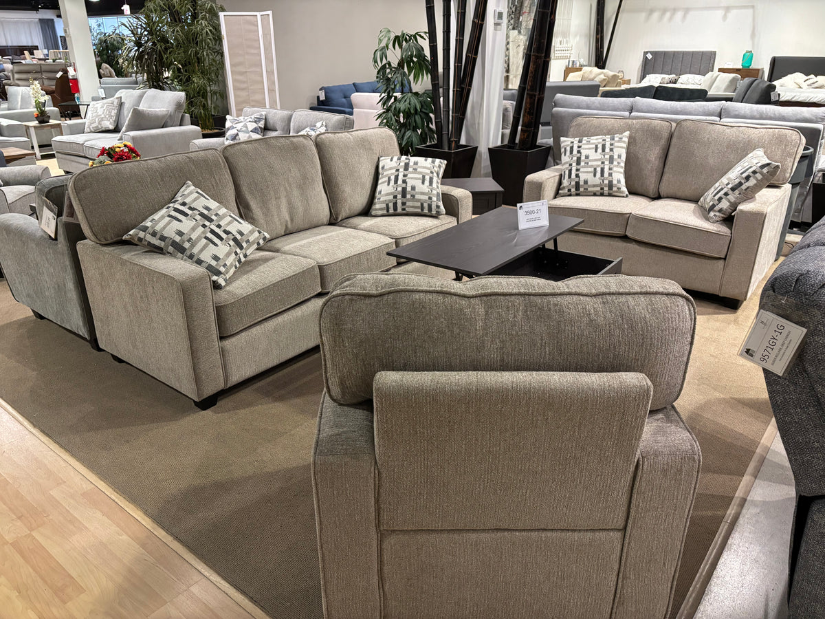 Model 9748TPE taupe fabric sofa and loveseat with accent pillows